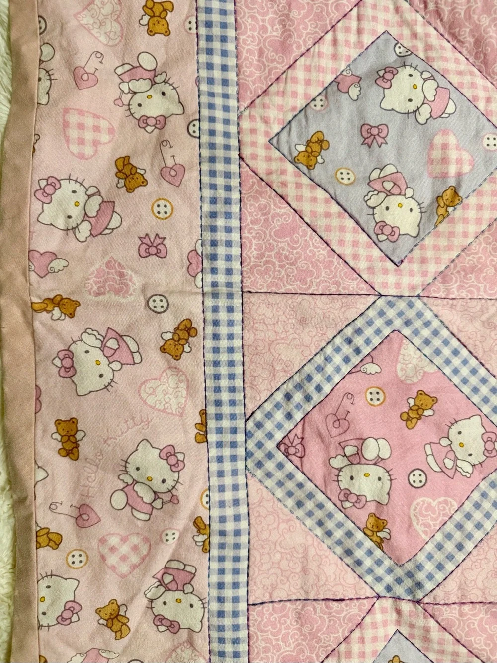 Vintage 2003 Hello Kitty Sanrio Handmade Baby Quilt Pink Y2K Blanket